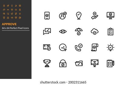 conjunto de marca de verificación icono de línea, aprobar, garantía, calidad