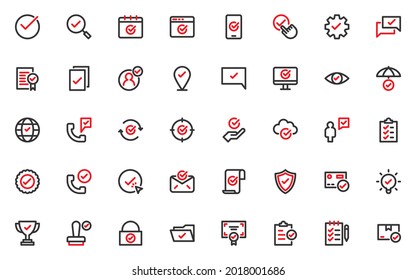 conjunto de marca de verificación icono de línea, aprobar, garantía, calidad
