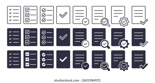 Set of check mark on paper document. Vector illustration