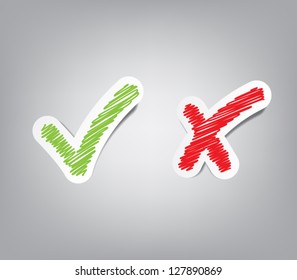 Set of check mark paper stickers, ok and cancel sketch. Can be used for websites or business design