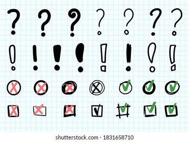 Satz von Häkchen- und Fragezeichen-Symbol