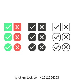 Set check mark and red cross icon on white background.Vector illustration