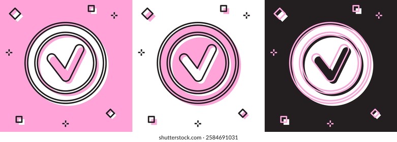 Set Check mark in round icon isolated on pink and white, black background. Check list button sign.  Vector