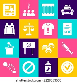 Set Check mark in round, Military knife, Poll document, Prison window, Scales of justice, Bulletproof vest, Television report and T-shirt protest icon. Vector