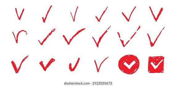 Gruppe von Prüfzeichen-Shapes. Handgezeichnete rote V-Schilder Sammlung. Ja-Symbole für Abstimmung, Quiz oder Umfrage. Einfache Auswahlsymbole. Aktivieren Sie die Option Doodle Mark Child Handschrift. Vektorgrafik einzeln auf weißem Bg