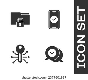 Set Check mark in speech bubble, Folder and lock, Smart key and Smartphone icon. Vector