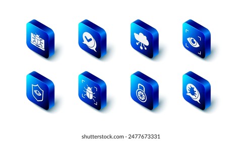 Set Check mark in speech bubble, Internet of things, Eye scan, System bug, Safe combination lock, Shield and eye and monitor icon. Vector