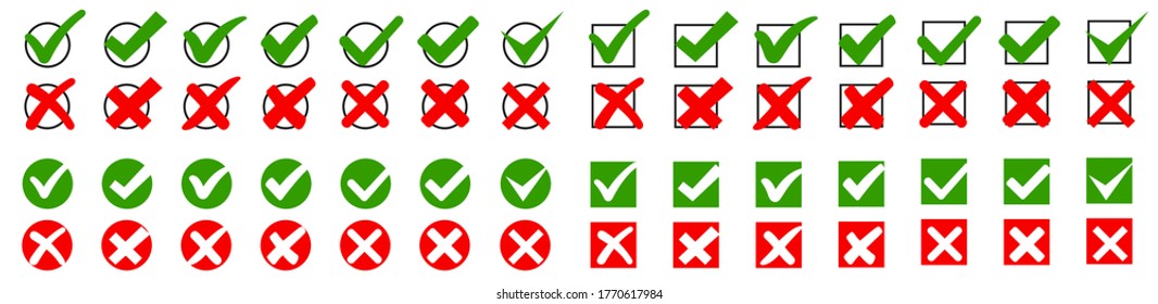 Set check mark, tick and cross signs, green checkmark OK and red X icons, symbols YES and NO button for vote, decision, election choice, web – stock vector