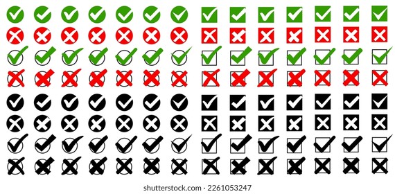 Set check mark, tick and cross signs, green checkmark OK and red X icons, symbols YES and NO button for vote, decision, election choice, web – vector