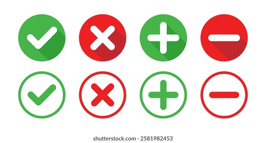 Set of check mark, X mark, plus sign and minus sign icons, buttons isolated on a white background