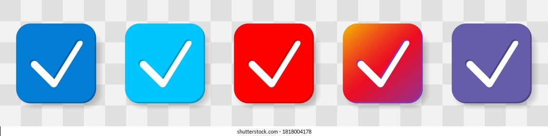 Set Check mark YES. 5 colors option icon. Vector illustration flat design UI and UX. Isolated on a transparancy background.