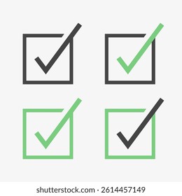 Set of check marks in box. Black and green. Vector illustration