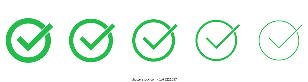 Set of check marks in a circle. Vector illustration. Green tick icons isolated. Approved linear symbol.