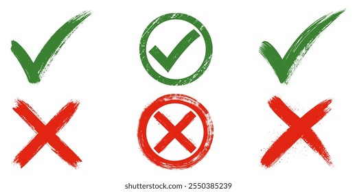 Set of check marks and cross symbols for decision making and validation concepts. Grunge icons isolated on transparent background.