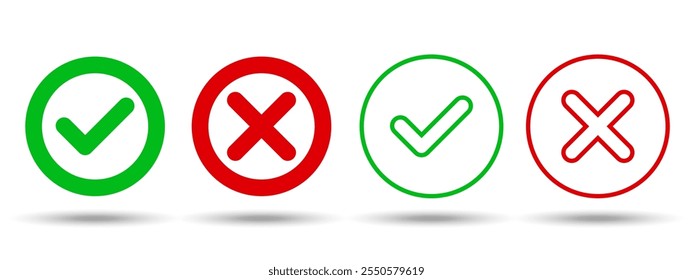 Un conjunto de marcas de verificación y cruces. El icono correcto e incorrecto. Ilustración vectorial. Señales aisladas del SÍ y del NO en un fondo blanco