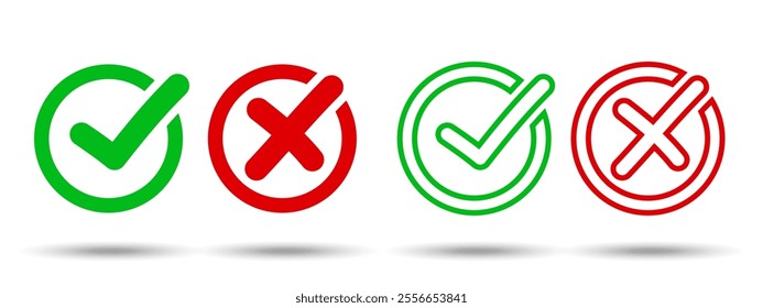 A set of check marks and crosses. The correct and incorrect icon. Vector illustration. Isolated YES and NO signs on a white background