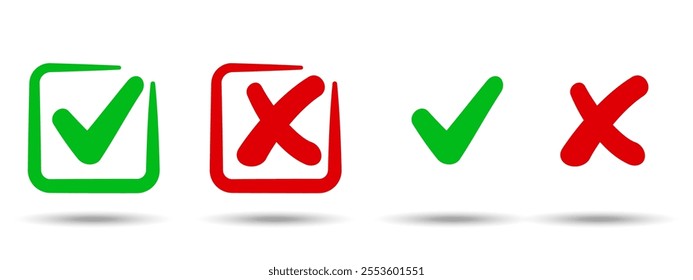 A set of check marks and crosses symbolizing correct and incorrect options. Clean vector illustrations of YES and NO icons, presented on a white background.