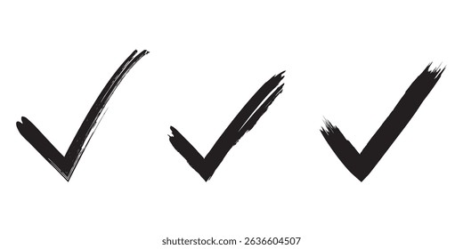 Set of check marks drawn with brush strokes. Approval symbol. Black check mark symbol on isolated background. Vector.