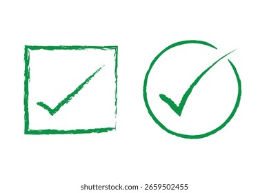 Set of check marks drawn with brush strokes. Approval symbol. Green tick mark symbol on isolated background. Vector.