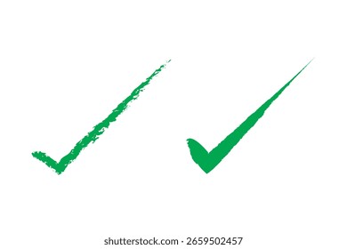 Conjunto de marcas de verificación dibujadas con pinceladas. Símbolo de Aprobación. Símbolo de marca de garrapata verde sobre fondo aislado. Vector.