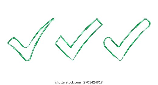 Conjunto de marcas de verificación dibujadas con pinceladas. Símbolo de Aprobación. Símbolo de marca de verificación verde sobre fondo aislado. Vector.