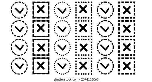 Establecer las marcas de verificación en un estilo plano en el fondo. Vector simple. Icono de vector derecho de marca de verificación. Diseño plano.Diseño vectorial de lista de verificación negra. 