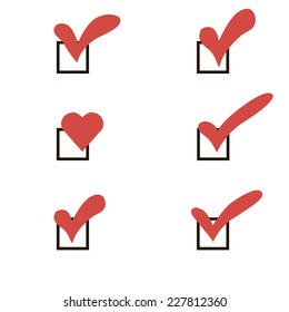Set of check marks in the form of red hearts.
