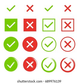 Set Of Check Marks. Green Tick, Red Cross. YES Or NO Accept And Decline Symbol. Buttons For Vote, Election Choice. Empty, Square Frame, Circle And Brush. Check Mark OK And X Icon. Vector Illustration