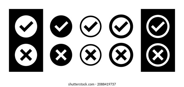 Set of check marks icons in a circle. Checkmark and cross. Tick marks: Accepted, Approved, Yes, Correct, Ok, Right Choices, Task Completion, Voting. Test question symbol. Isolated vector illustration 