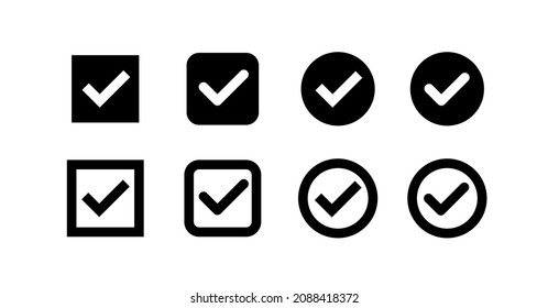 Set of check marks icons in a square, in a circle. Tick marks: Accepted, Approved, Yes, Correct, Ok, Right Choices, Task Completion, Voting. Test question symbol. Isolated vector illustration on white
