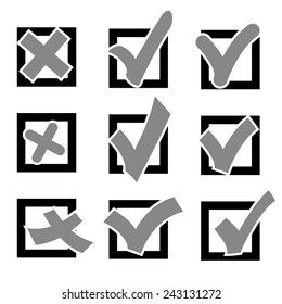 Set  check marks or ticks in boxes conceptual. Vector illustration.