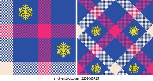 Set check plaid seamless pattern with snowflakes. Tartan texture pixel background. Color fashion scottish wallpaper. Printing on fabric, shirt, textile, curtain and tablecloth. Vector.