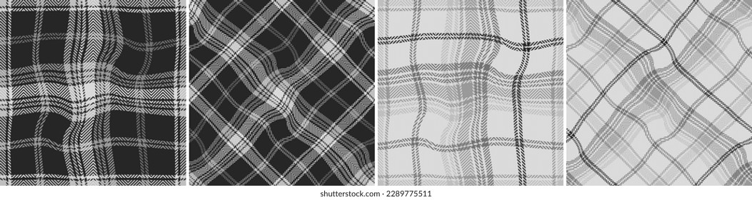 Set check plaid seamless pattern. Wavy abstract background scottish cage herringbone texture. Wallpaper illusion of distortion. Printing on fabric, shirt, textile, curtain, tablecloth. Vector