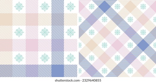 Set check plaid seamless pattern with snowflakes. Tartan texture pixel background. Color fashion scottish wallpaper. Printing on fabric, shirt, textile, curtain and tablecloth. Vector.