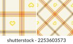 Set check plaid seamless pixel pattern with hearts. Colored straight and oblique scottish cage texture. Checkered wallpaper. Printing on fabric, shirt, textile, curtain and tablecloth. Vector.