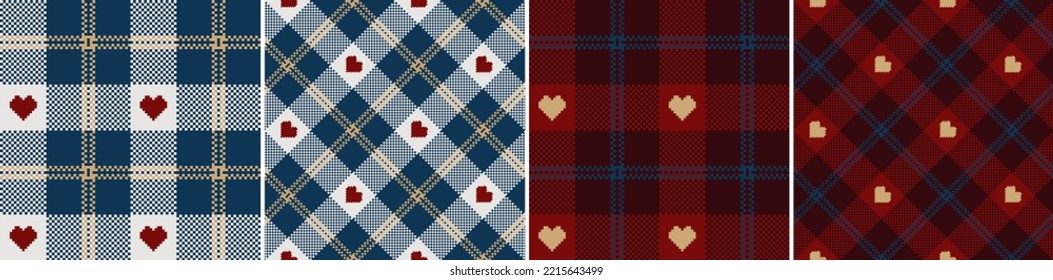 Set check plaid seamless pixel pattern with hearts. Colored straight and oblique scottish cage texture. checkered wallpaper. Printing on fabric, shirt, textile, curtain and tablecloth. Vector.