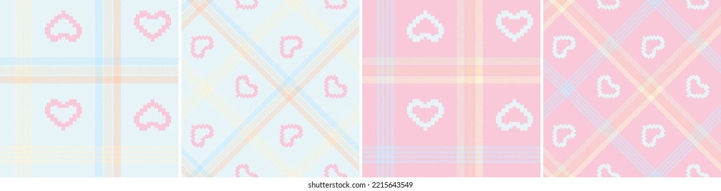 Set check plaid seamless pixel pattern with hearts. Colored straight and oblique scottish cage texture. checkered wallpaper. Printing on fabric, shirt, textile, curtain and tablecloth. Vector.