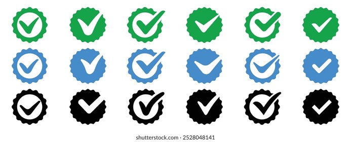 Set of check or tick icons for design. Checkmark green approved, certified, accepted and validation icon. Checkmark vector set. Checked check sign.