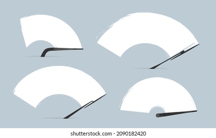 Set Of Check Wiper Wipers Cleans The Windshield. Vector Car Windscreen Wipe Glass. Clean Window, Brush Wiper Blades. Arm Blade In Car Removes Streaks Water Drop. Isolated On Grey Background.