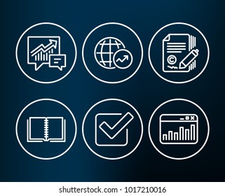 Set of Checkbox, Book and Copywriting icons. Accounting, World statistics and Marketing statistics signs. Approved tick, E-learning course, Ð¡opyright signature. Vector