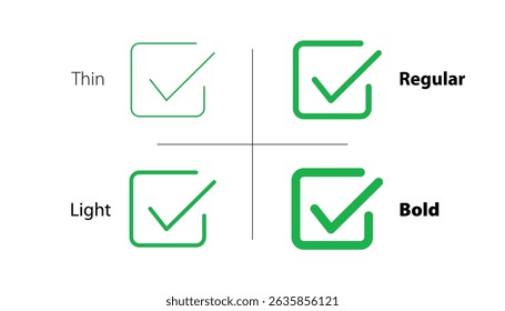 Set of checkbox icon. thin, regular and bold line icons. green checkbox icon. check, tick mark, correct, approve, ok, checkbox, design. vector icon