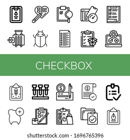 Set of checkbox icons. Such as Clipboard, Check in, Checklist, Tick, List, Test, Testing, Check, Approve, Done , checkbox icons