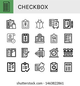 Set of checkbox icons such as List, Check, Clipboard, Tick, Check out, Checklist, Approve, Testing, Checking, Check in, Test, Done , checkbox