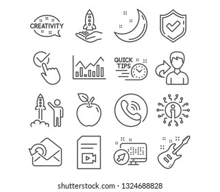 Set of Checkbox, Infochart and Launch project icons. Send mail, Creativity and Crowdfunding signs. Video file, Quick tips and Electric guitar symbols. Approved, Stock exchange, Business innovation