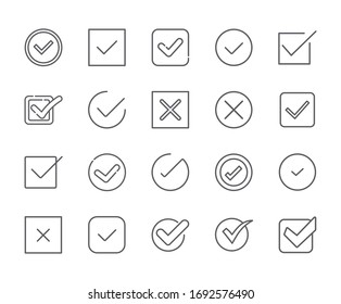 Juego de iconos de línea de vectores relacionados. Incluye los iconos aprobados, verificados, correctos, realizados y más.