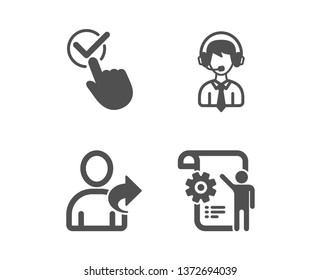 Set of Checkbox, Shipping support and Refer friend icons. Settings blueprint sign. Approved, Delivery manager, Share. Engineering cogwheel.  Classic design checkbox icon. Flat design. Vector