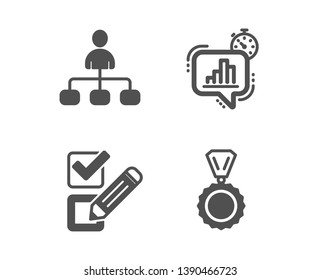 Set of Checkbox, Statistics timer and Management icons. Medal sign. Survey choice, Growth chart, Agent. Winner.  Classic design checkbox icon. Flat design. Vector