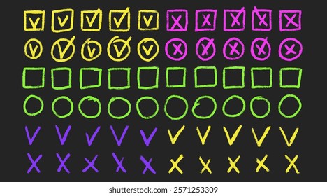 Set of checkboxes highlighting. Tick and check marks pack. Cross and v sign pencil drawn. Correct and wrong symbols. Vector doodle collection illustration isolated on dark background.