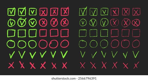 Set of checkboxes. Tick and check marks pack. Cross and v sign pencil drawn. Correct and wrong symbols. Vector doodle collection illustration isolated on dark background.