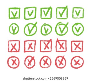 Set of checkboxes. Tick and check marks pack. Cross and v sign pencil drawn. Correct and wrong symbols. Vector doodle collection illustration isolated on white background.